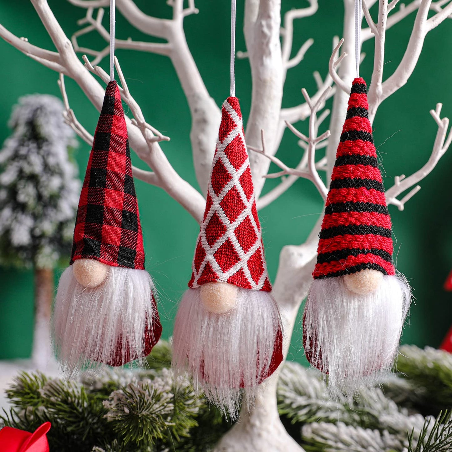 Christmas Gnomes Tree Ornaments, 12 Pieces Handmade Swedish Plush Santa Elf Gnome Christmas Decorations