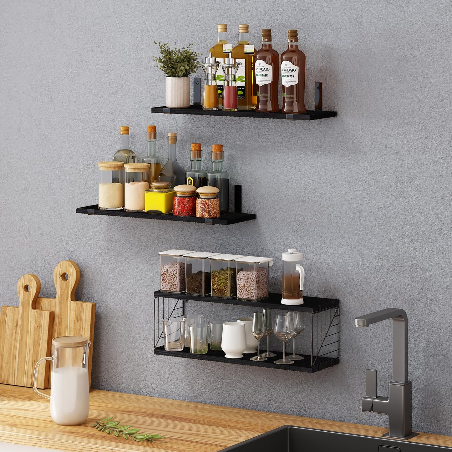 Fixwal 3+1 Tier Bathroom Floating Shelves Over Toilet, 15.8in Farmhouse Rustic Wood Shelves, Wall Decor for Bathroom, Living Room,Bedroom and Kitchen (Black)