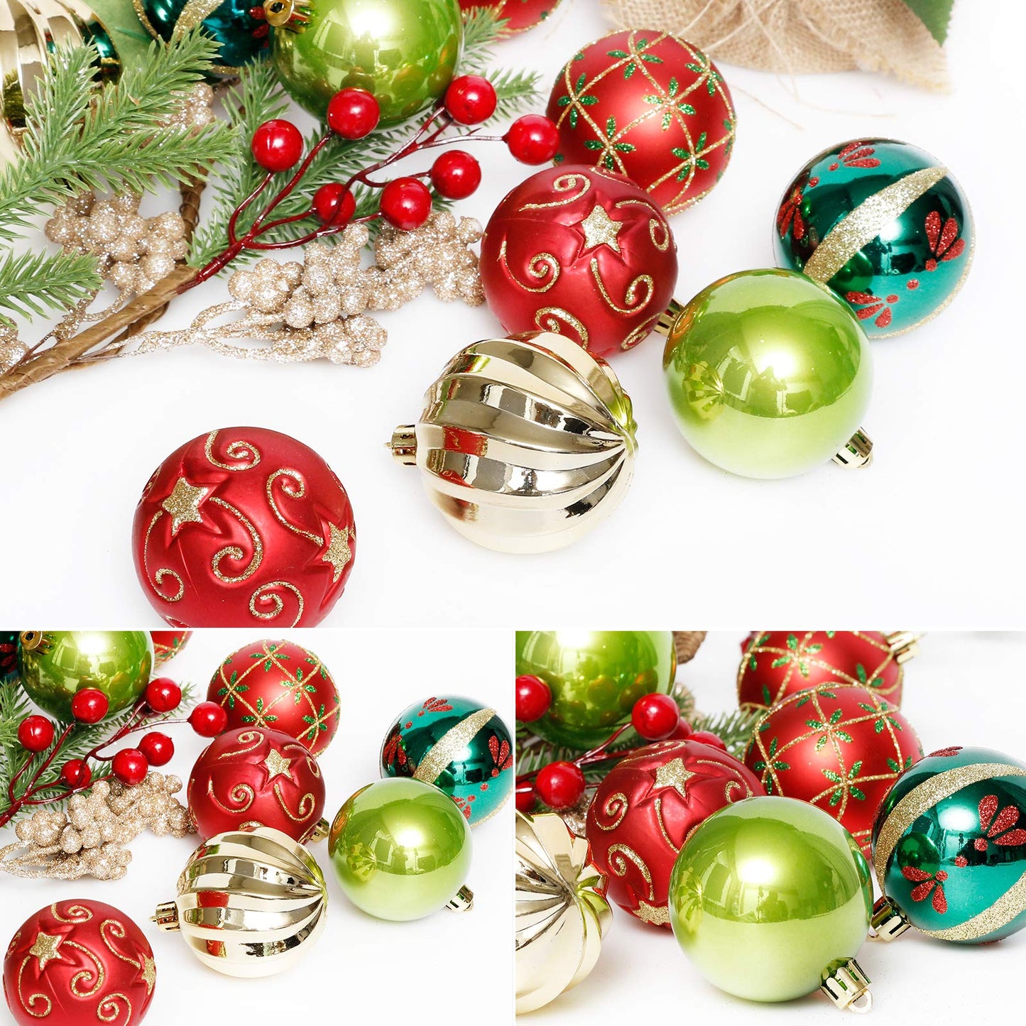 Christmas Tree Ornaments, 30ct Christmas Ball Decoration Set 2.36" Red Green and Gold Christmas Ball Shatterproof Hanging Tree Ornament Set