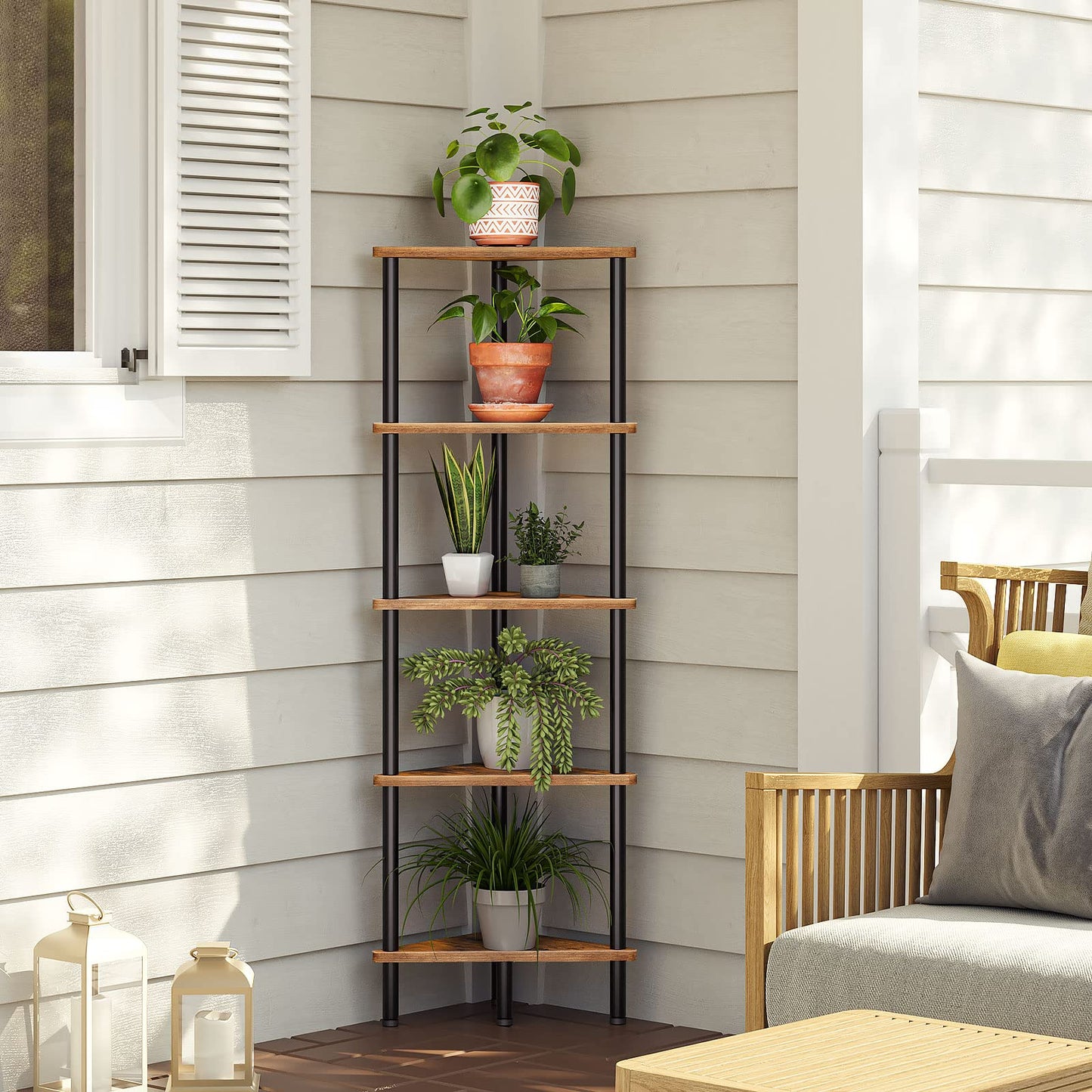 HOOBRO Corner Shelf Stand, Industrial 5-Tier Corner Bookshelf with Metal Frame, Plant Corner Display Shelf, Corner Bookcase for Small Spaces, Bedroom, Living Room, Rustic Brown BF33CJ01