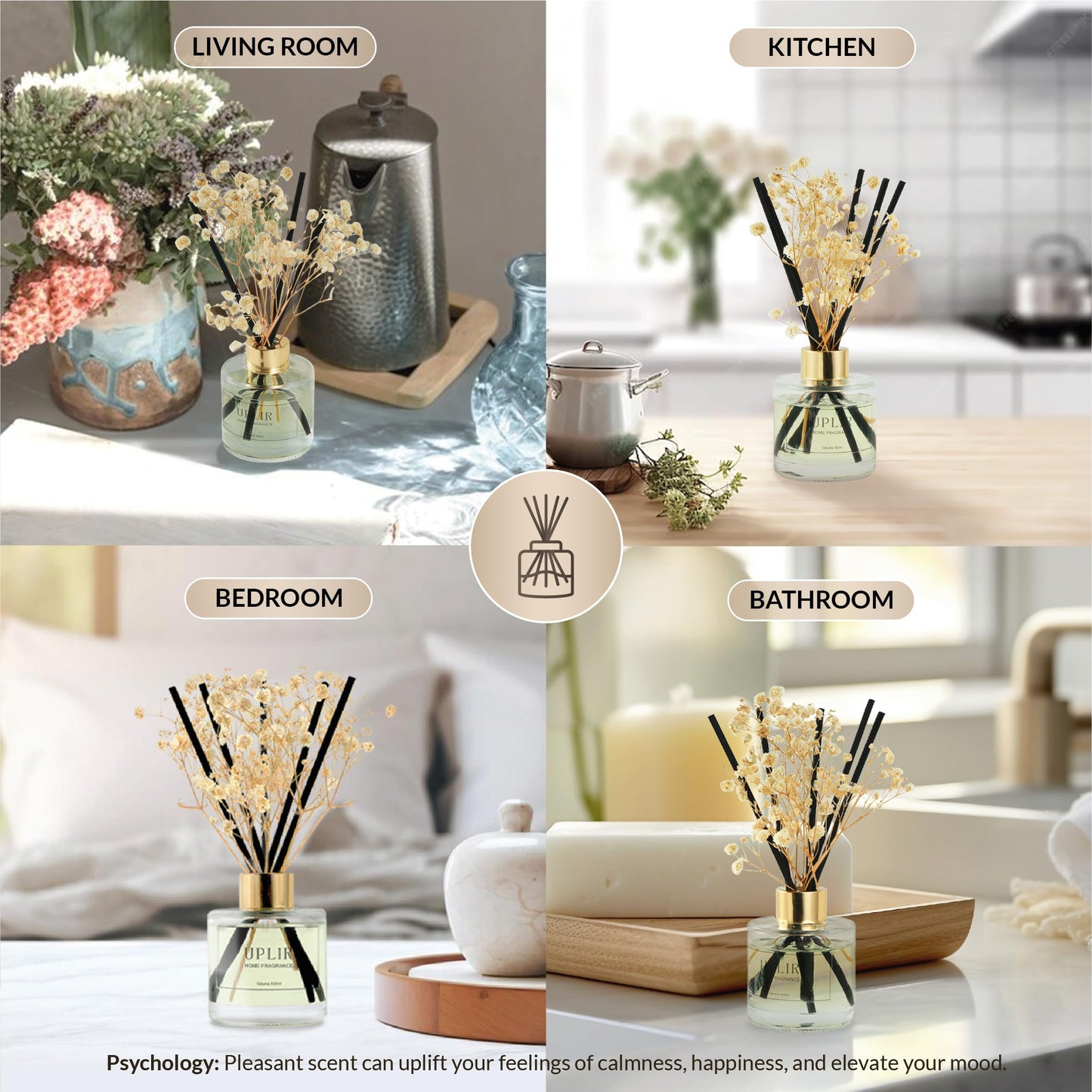 UPLIR Flower Reed Diffusers for Home with X2 Jasmine & White Tea Essential Oil, 3.4 oz (100ml) - Elegant Diffuser Set with Sticks for Home Decor, Bathroom, Any Room, Perfect Housewarming Gift