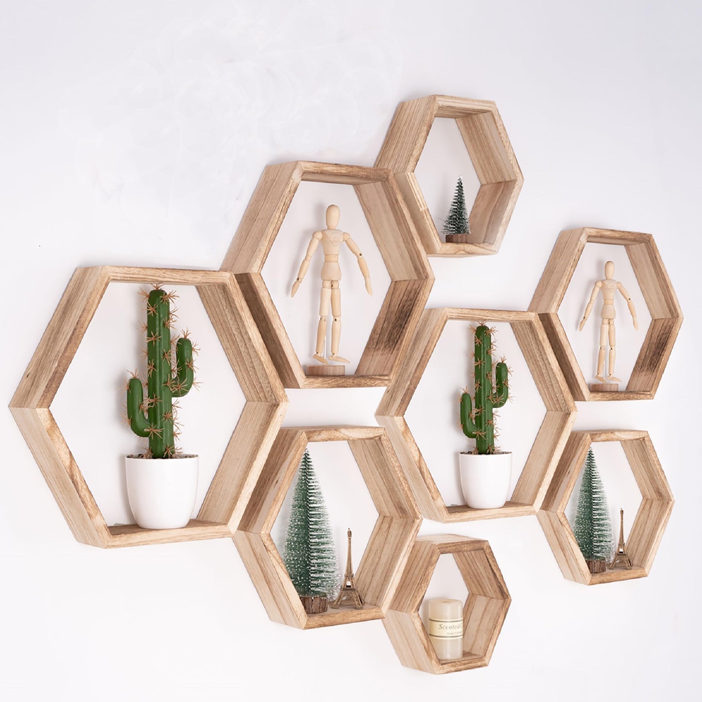 WONFUlity Hexagon Floating Shelves Honeycomb Shelves Wall Mounted Wood Farmhouse Storage Wall Shelf for Bathroom, Kitchen, Bedroom, Living Room,Driftwood Finish Wall Decor,Light Brwon