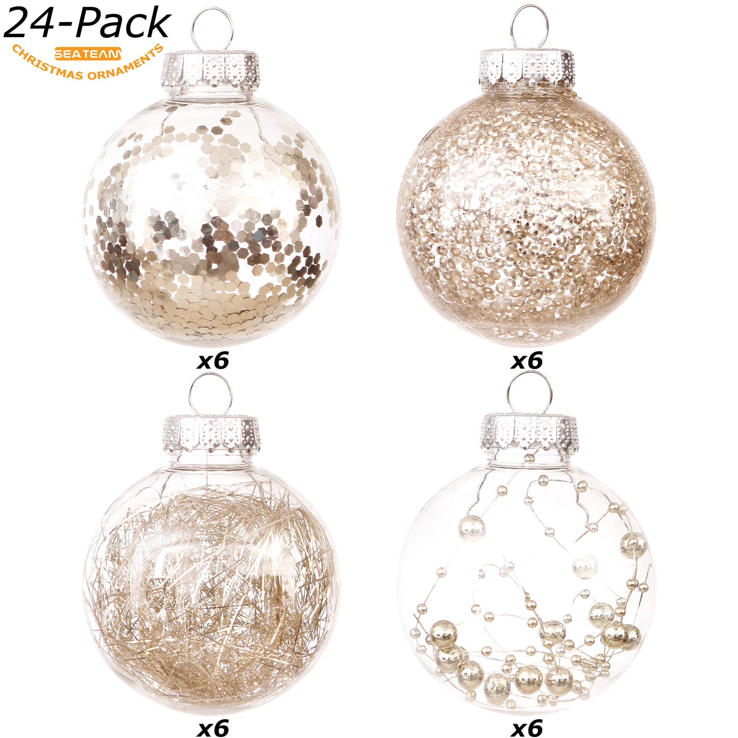 Sea Team 70mm/2.76" Shatterproof Clear Plastic Christmas Tree Ball Ornaments Set, Decorative Hanging Transparent Xmas Baubles with Stuffed Delicate Decorations (24 Counts, Champagne)