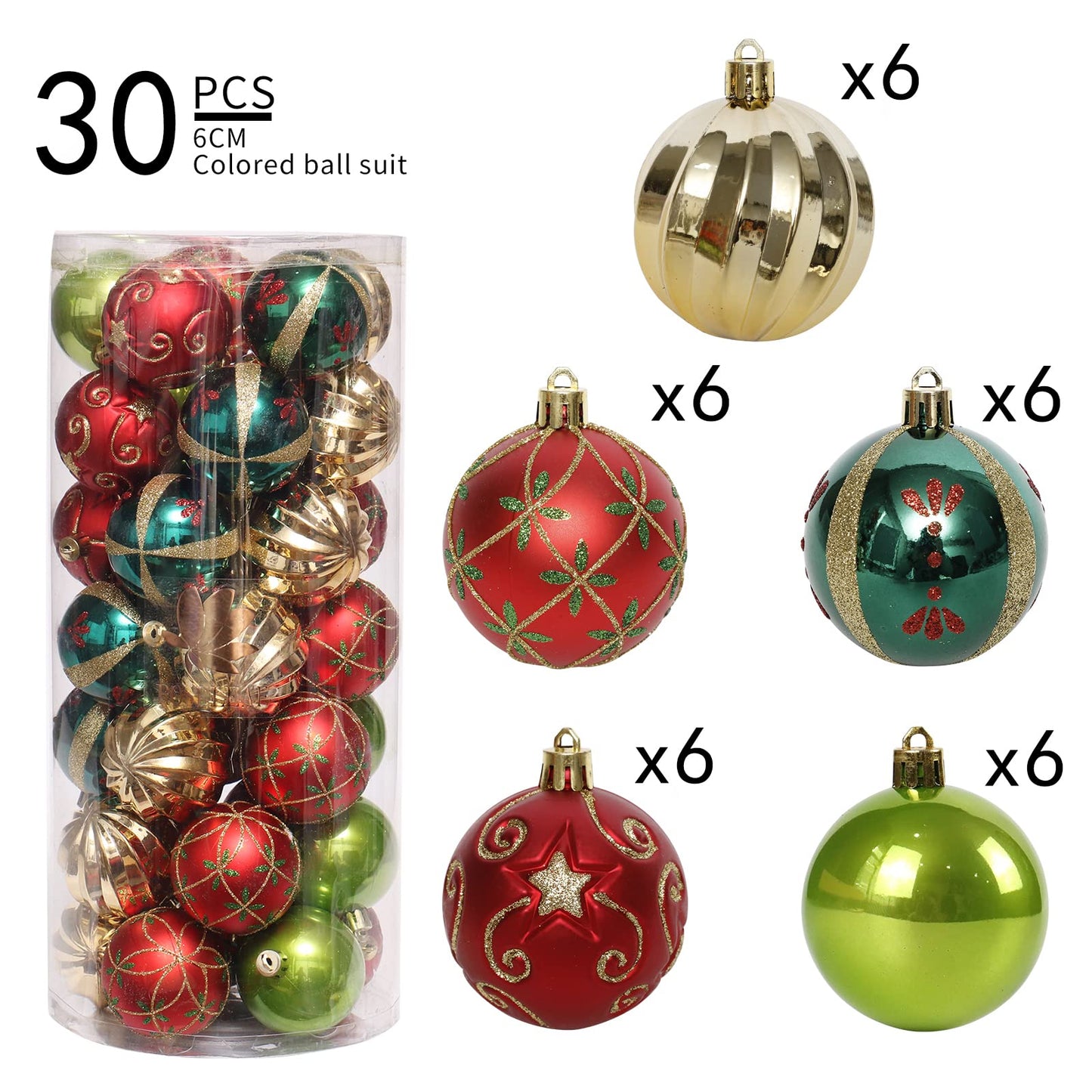 Christmas Tree Ornaments, 30ct Christmas Ball Decoration Set 2.36" Red Green and Gold Christmas Ball Shatterproof Hanging Tree Ornament Set