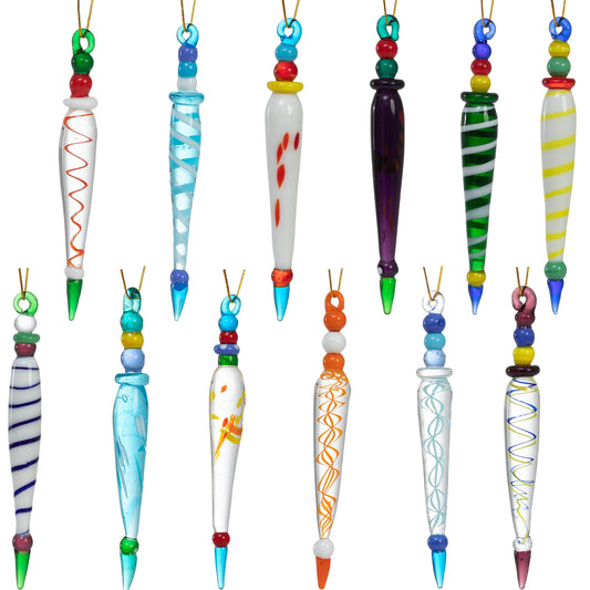 12Pcs Colorful Icicle Glass Ornaments, Christmas Glass Ornaments for Christmas Tree Decorations 3.5-3.7" Long Glass Ornaments in 12 Different Designs