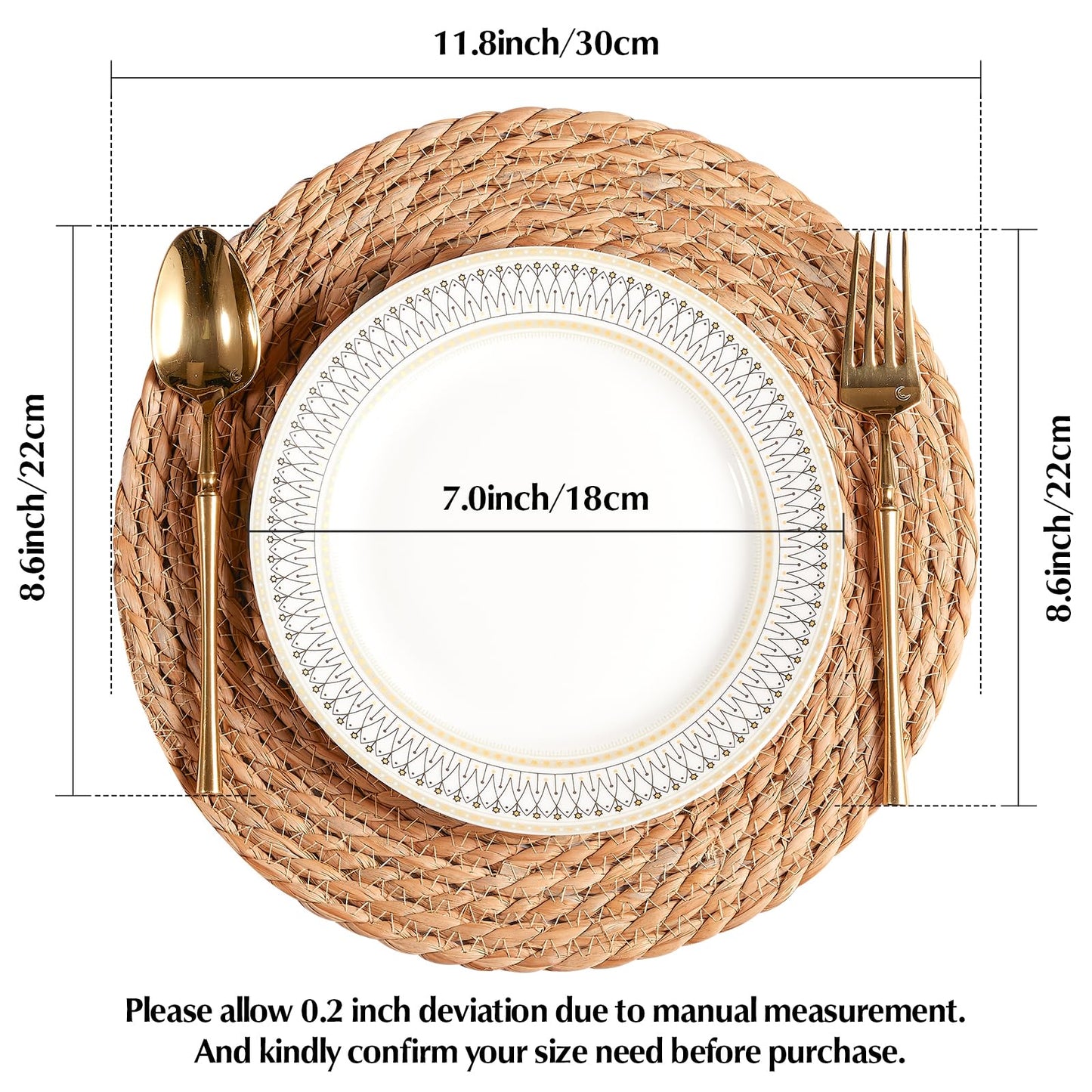 Round Woven Placemats - Boho Rattan Placemats Natural Water Hyacinth Placemats, Farmhouse Weave Place Mats, Rustic Braided Wicker Table Mats for Dining Table,Home,Wedding (12 inch Set of 6)