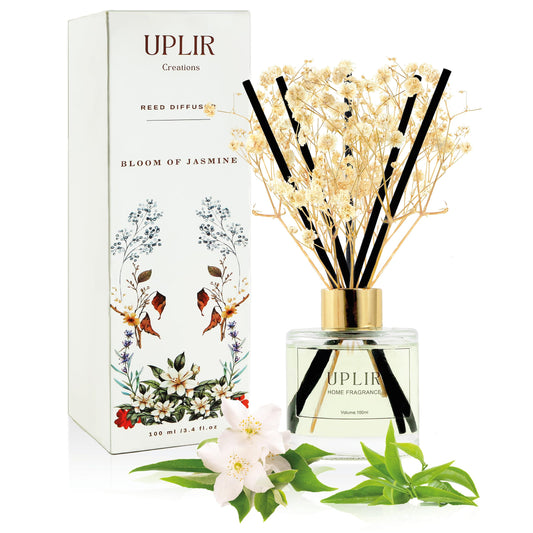 UPLIR Flower Reed Diffusers for Home with X2 Jasmine & White Tea Essential Oil, 3.4 oz (100ml) - Elegant Diffuser Set with Sticks for Home Decor, Bathroom, Any Room, Perfect Housewarming Gift