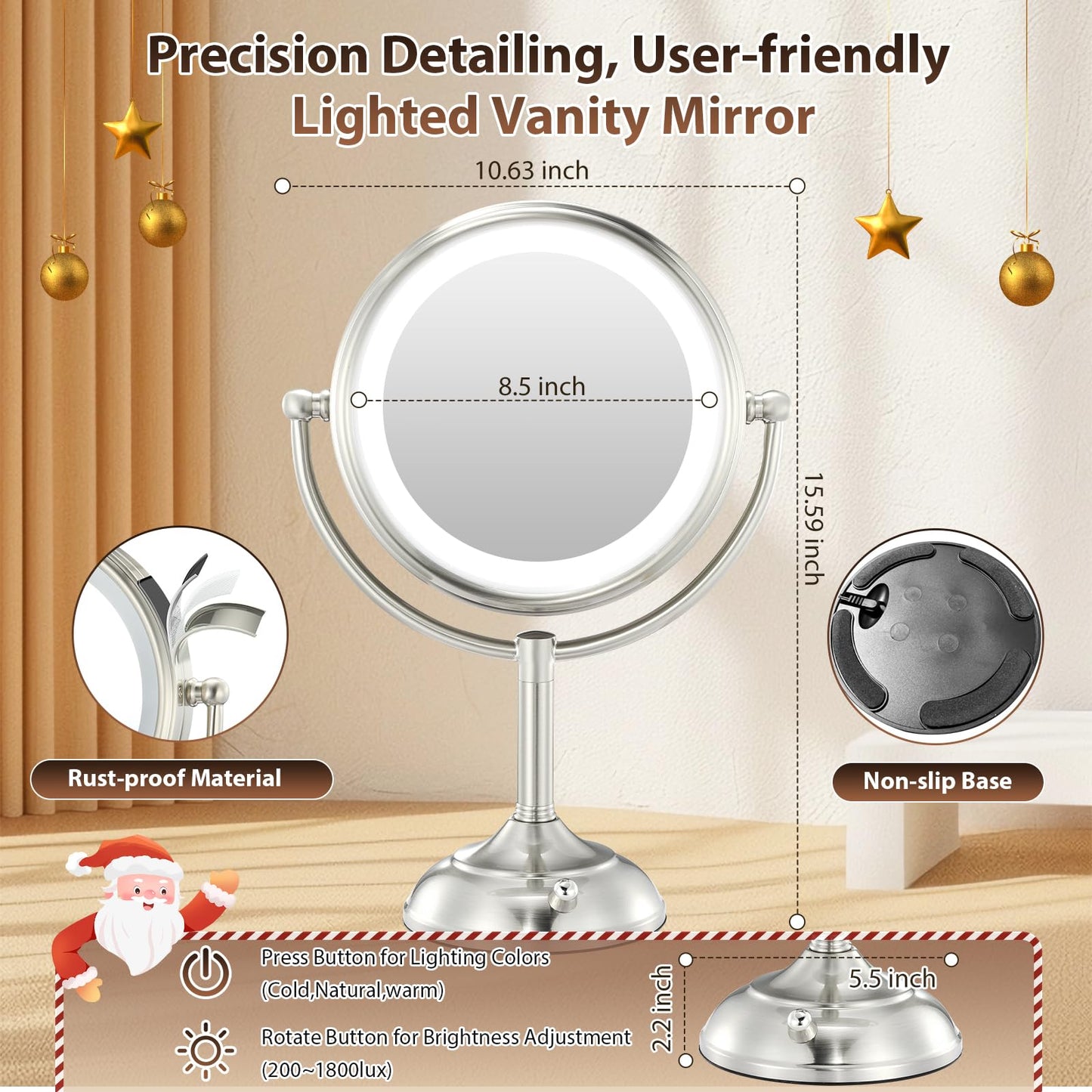 Professional 8.5" Large Lighted Makeup Mirror with Brighter Lights, 1X/10X True HD Magnifying Mirror with 3 Color Dimmable Lights, 80 Shadowless LEDs, 360°Swivel Seamless Vanity Mirror, Pearl Nickel