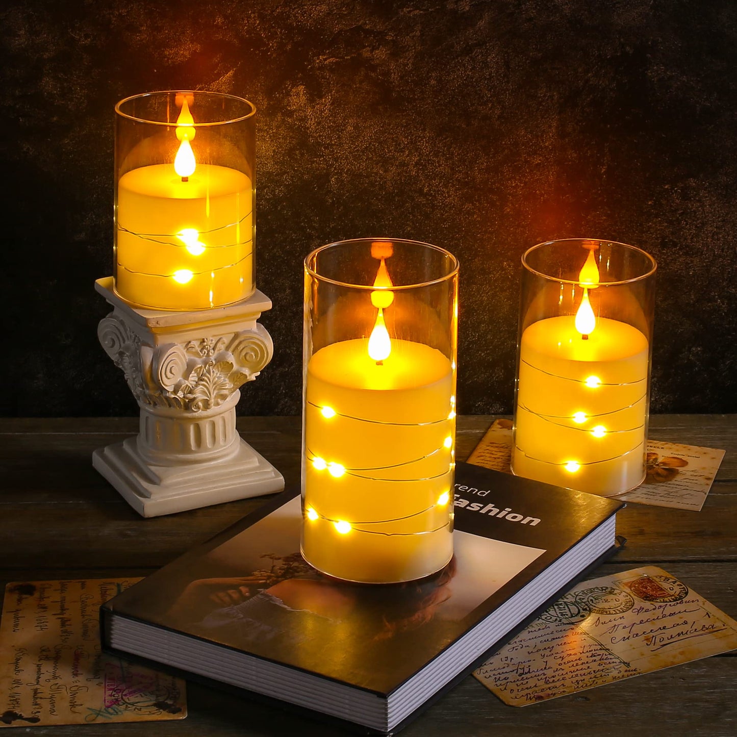 Da by Flickering Flameless Candles with Embedded Star String Lights, Battery Operated Candles with Remote and Timer,Acrylic LED Pillar Candles Set of 3, Ivory White