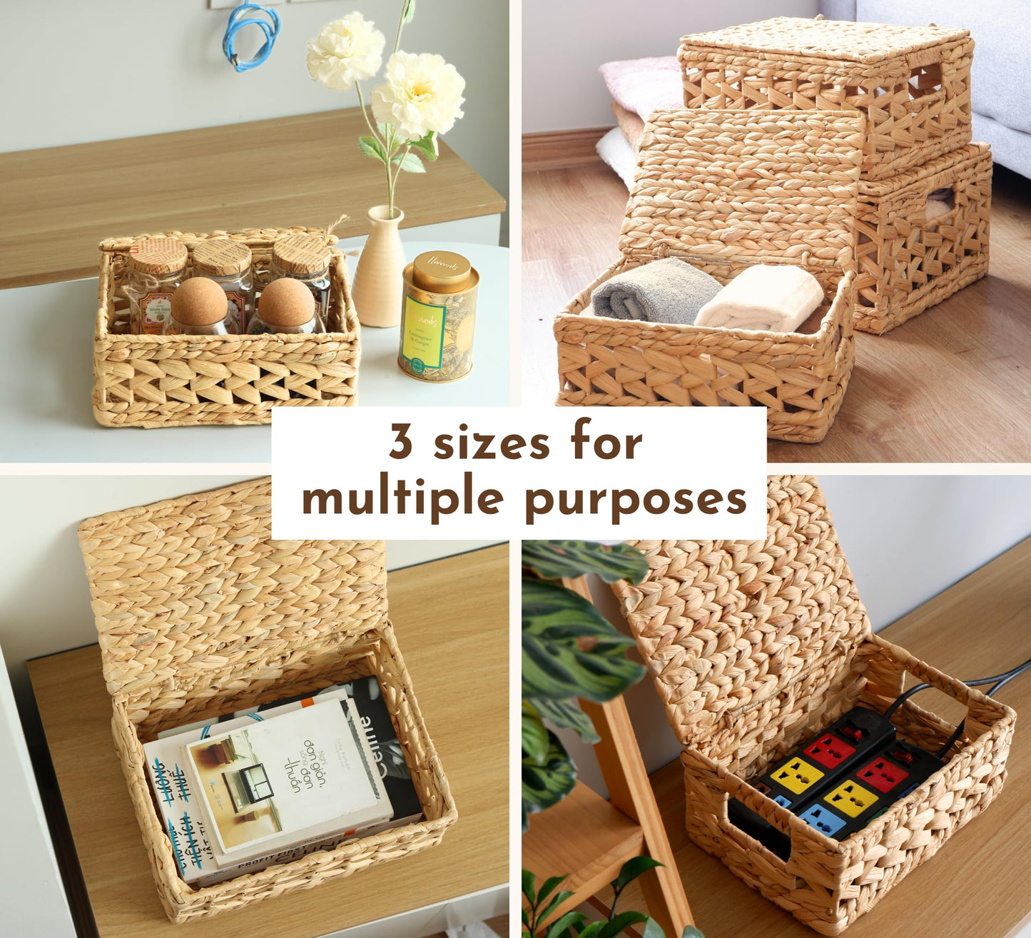 CHI AN HOME Wicker Storage Basket with Lid, Natural Decorative Wicker Basket for Shelf, Woven Baskets with Lids, 14in Lidded Basket, Rattan Storage Basket with Lid, Rattan Box Set of 3 for Organizing