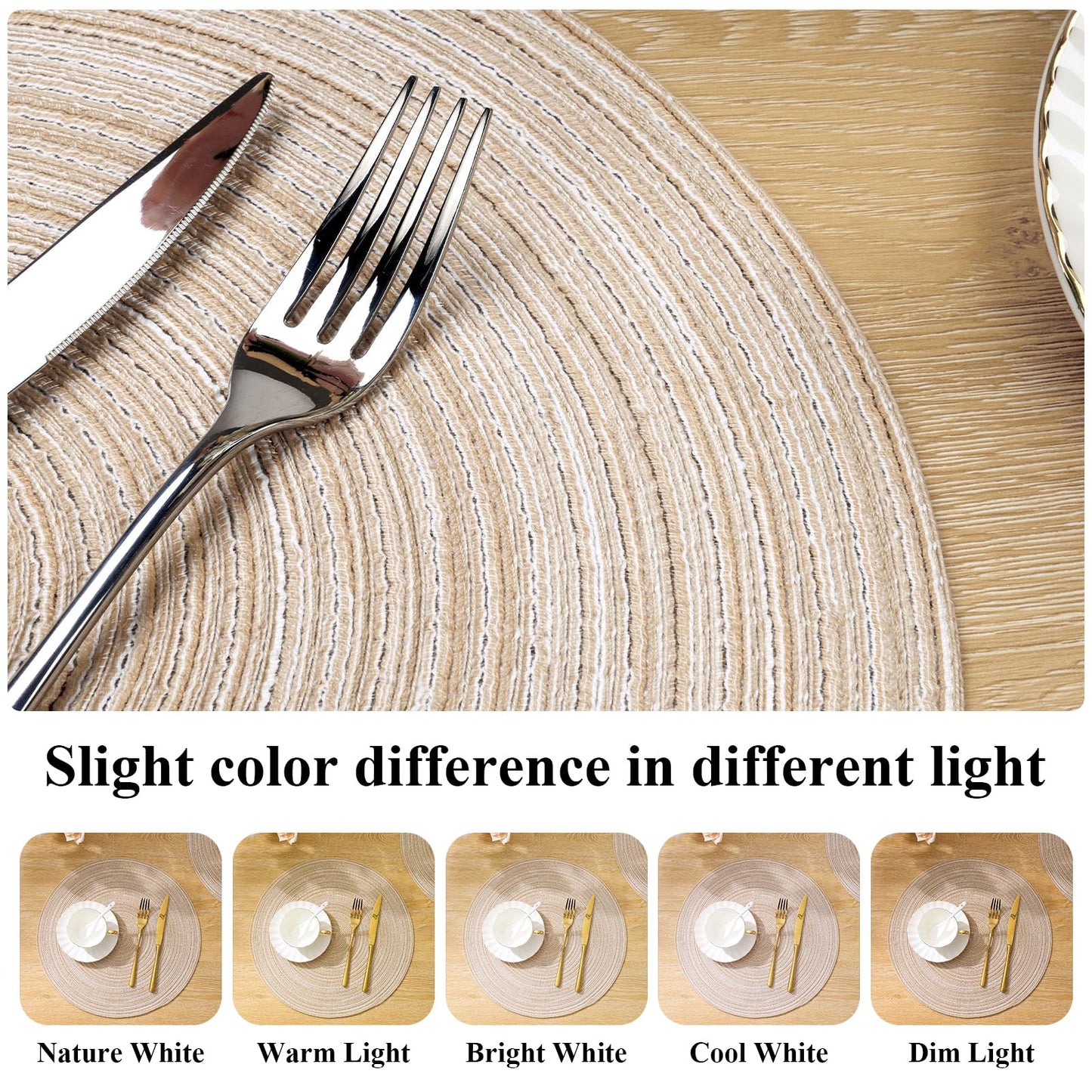 SHACOS Round Braided Placemats Set of 6 Washable Cotton Polyester 15 inch Round Placemats for Kitchen Dining Table Decor Round Table Mats (Beige, 6)