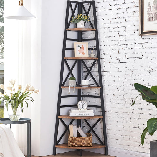 HOMBAZAAR Corner Shelf,72 Inch Industrial Corner Bookshelf,5 Tier Tall Corner Ladder Shelf with Metal Frames,Rustic Corner Shelf Stand for Living Room, Bedroom, Kitchen, Office, Rustic Brown