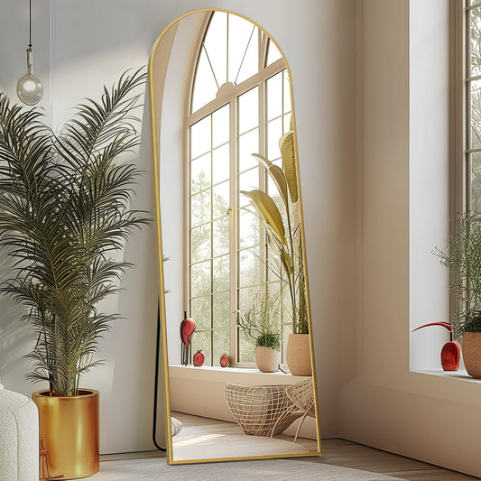 Sweetcrispy Arched Full Length Mirror 64"x21" Full Body Floor Mirror Standing Hanging or Leaning Wall, Large Arch Wall Mirror with Stand Aluminum Alloy Thin Frame for Bedroom Cloakroom, Gold