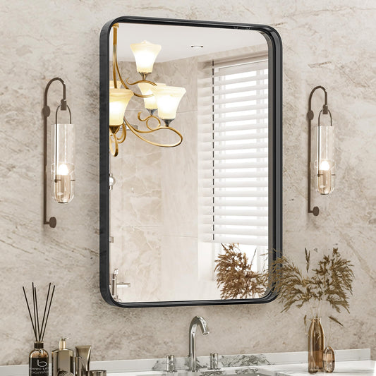 DUMOS Black Metal Framed Vanity Rounded Rectangle Bathroom Mirrors for Over Sink Wall, 30x22 Inch Matte Large Mirror, Modern Decorative for Restroom, Farmhouse, Horizontally or Vertically Hanging