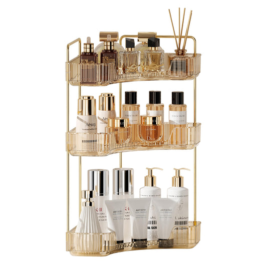 YCIA&DONE Corner Counter Bathroom Organizer Countertop, 3 Tiers Cosmetic Perfume Tray, Vanity Organizer for Makeup, Skincare, Clear Corner Rack for Bedroom, Bathroom, Kitchen(Amber Gold)