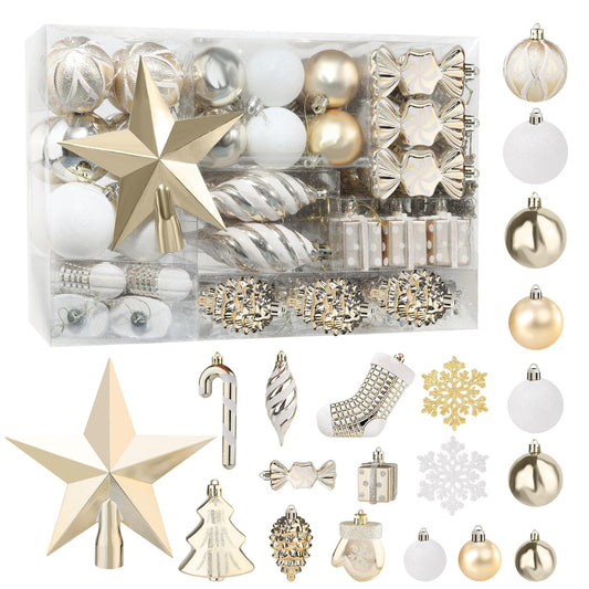 Annecy 79 PCS Christmas Tree Ornament Set, Assorted Shatterproof Christmas Balls Decorations, Christmas Ornaments Set for Xmas Tree (Gold & White)