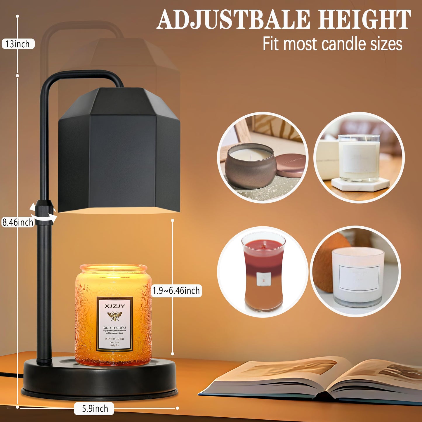 Candle Warmer Lamp with Timer,Electric Candle warmer,Adjustable Height Dimmable Candle Warmer Lamp,Flameless Scented Candle Warmer,Compatible with Various Candles,Candle warmer for Home Decor,Black