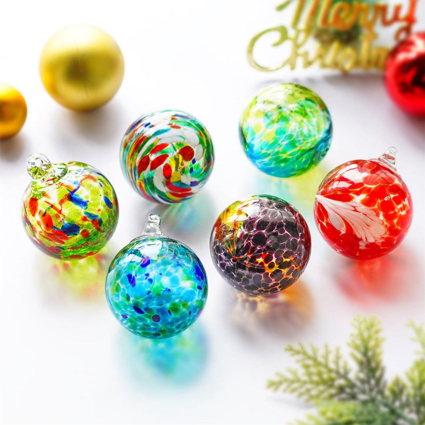 6pcs Hand-Blown Glass Ornaments Balls Glass Christmas Ball Ornaments Hanging Friendship Balls Glass Witches Balls Gazing Balls for Home Window Outdoor Garden Patio Décor