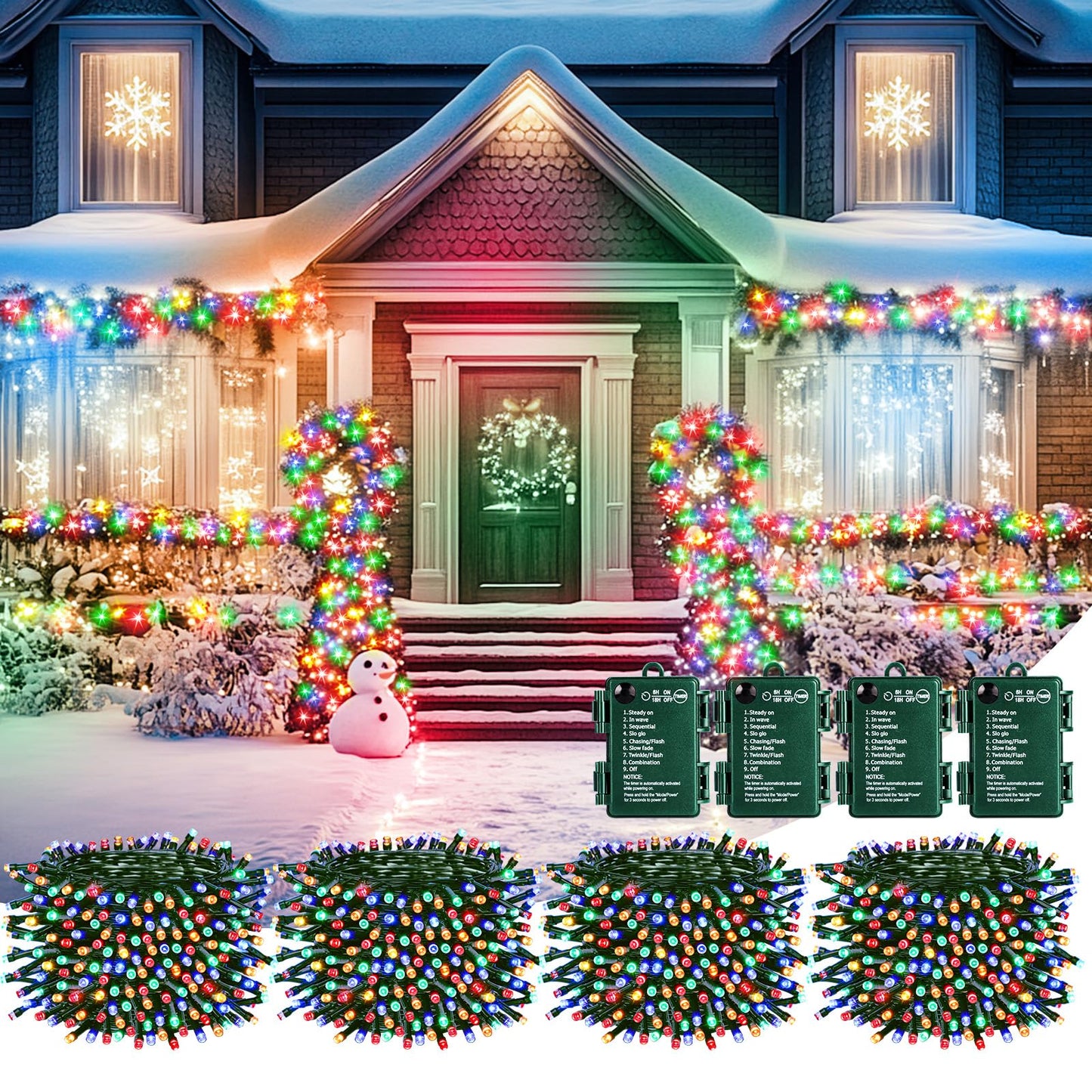 Brightown Christmas Lights Outdoor Battery Operated, 4 Pack Total 66FT 200 LED Battery Powered Fairy Lights with Timer,8 Modes,Waterproof Christmas String Lights for Outside Indoor Bedroom, Multicolor