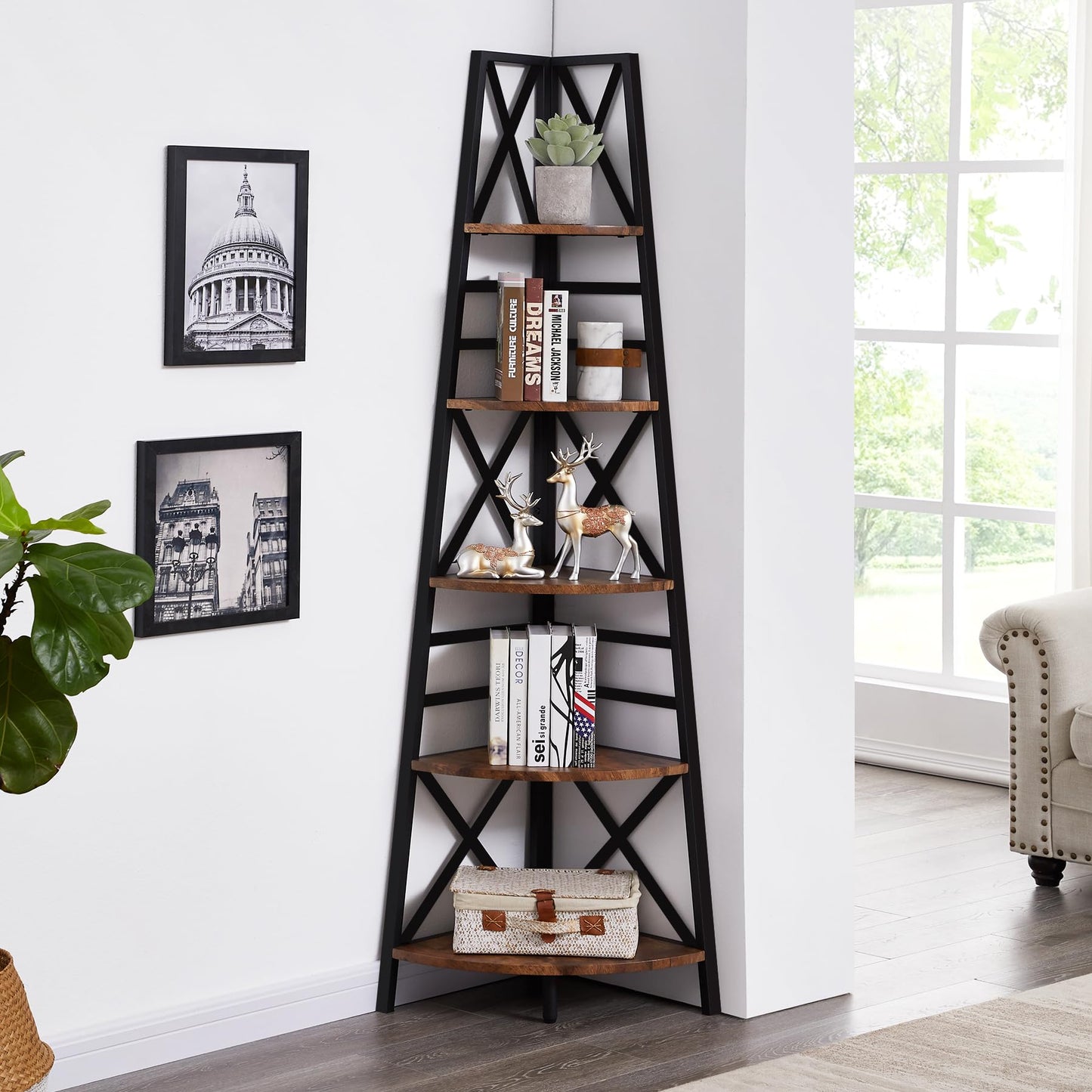 HOMBAZAAR Corner Shelf,72 Inch Industrial Corner Bookshelf,5 Tier Tall Corner Ladder Shelf with Metal Frames,Rustic Corner Shelf Stand for Living Room, Bedroom, Kitchen, Office, Rustic Brown