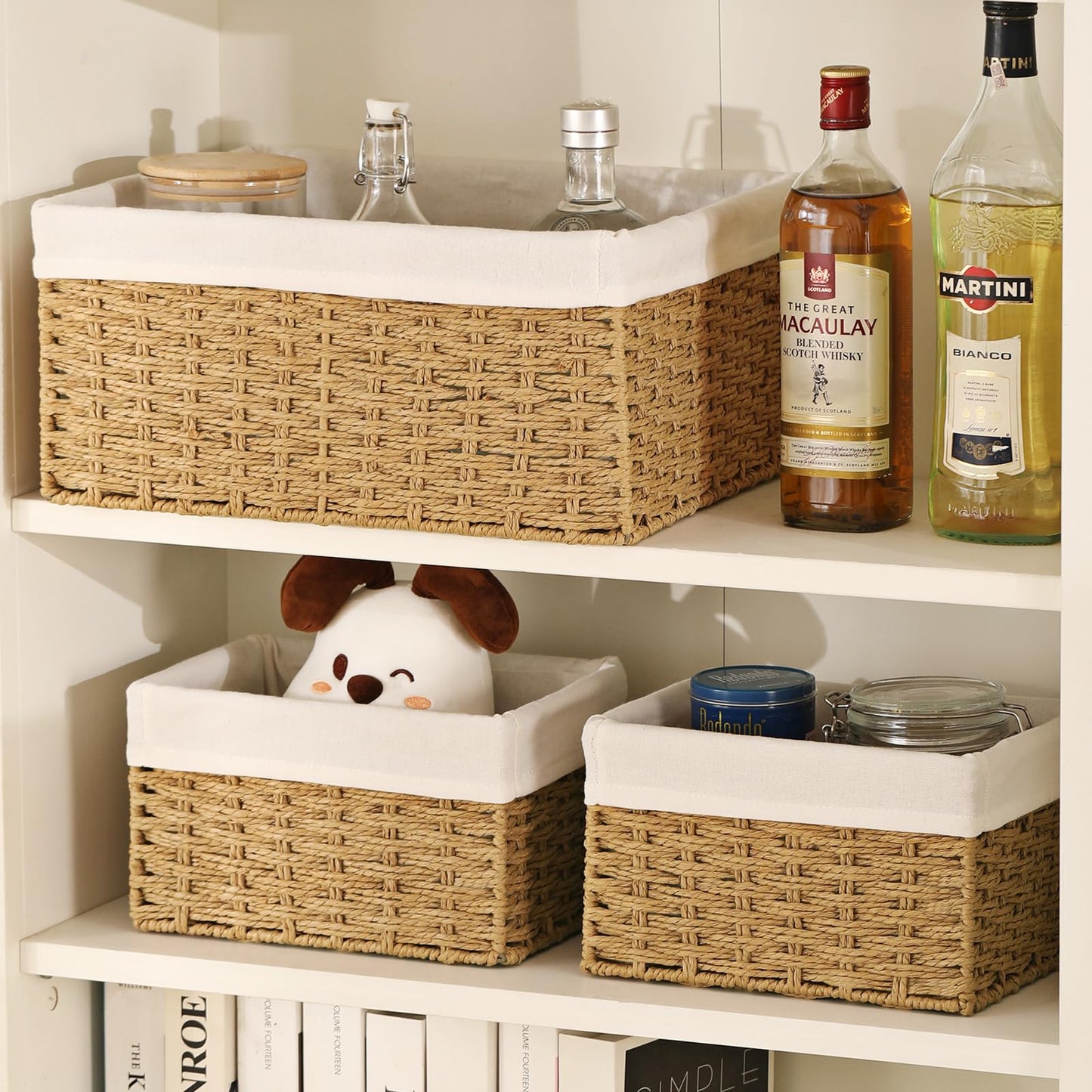 Vagusicc Wicker Storage Basket, 3-Pack Woven Paper Rope Wicker Baskets with Handles, Large Wicker Basket Cube Storage Bins with Liners, Storage Baskets for Organizing Shelves & Decor, Natural