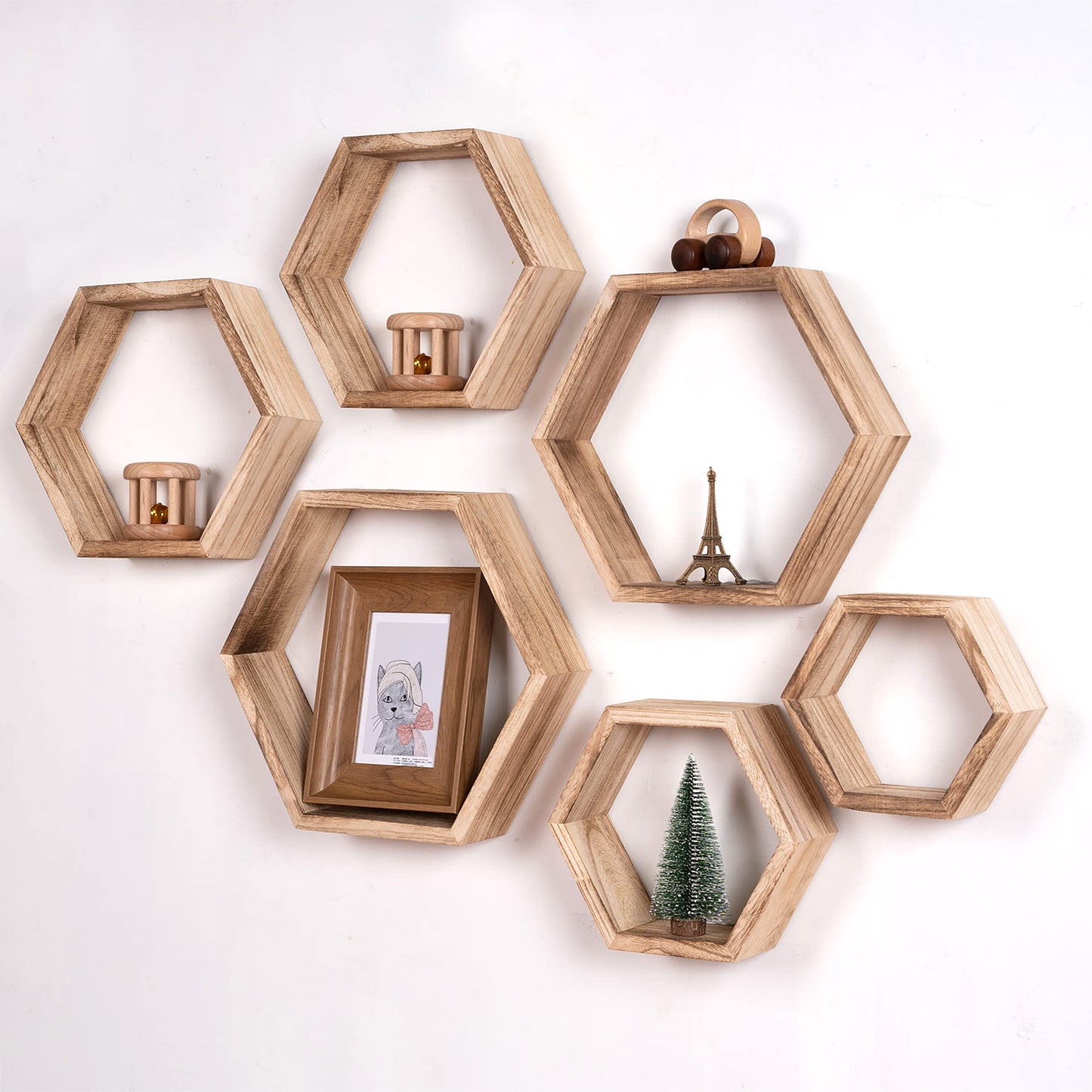 WONFUlity Hexagon Floating Shelves Honeycomb Shelves Wall Mounted Wood Farmhouse Storage Wall Shelf for Bathroom, Kitchen, Bedroom, Living Room,Driftwood Finish Wall Decor,Light Brwon