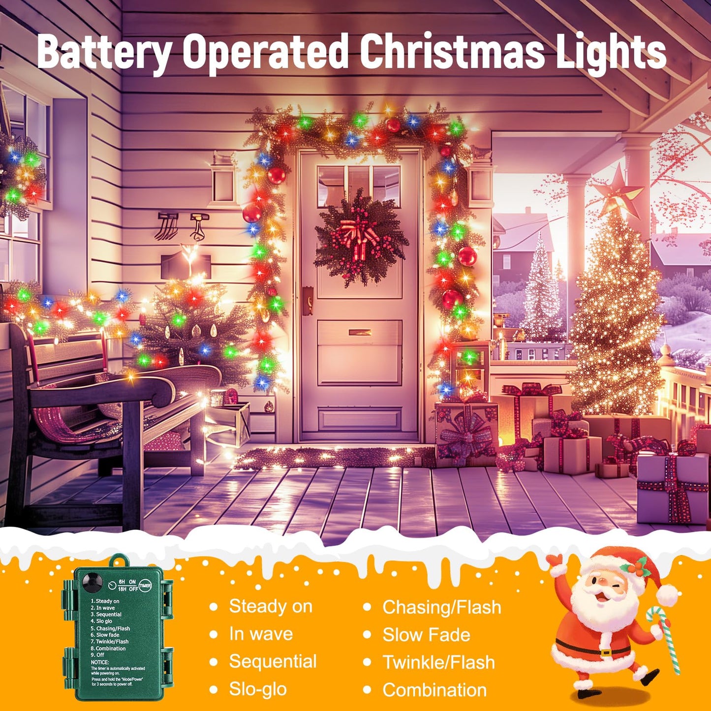 Brightown Christmas Lights Outdoor Battery Operated, 4 Pack Total 66FT 200 LED Battery Powered Fairy Lights with Timer,8 Modes,Waterproof Christmas String Lights for Outside Indoor Bedroom, Multicolor