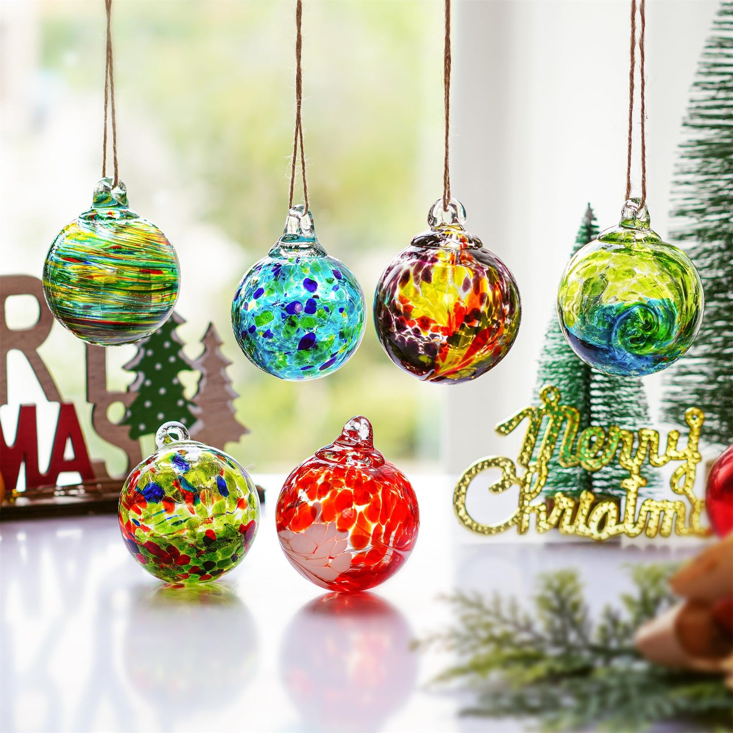 6pcs Hand-Blown Glass Ornaments Balls Glass Christmas Ball Ornaments Hanging Friendship Balls Glass Witches Balls Gazing Balls for Home Window Outdoor Garden Patio Décor