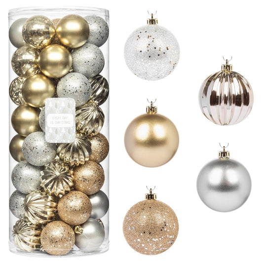 Every Day is Christmas Ornaments, Shatterproof Christmas Tree Ornament Set, Christmas Balls Decoration 50 Count (2.24"/57mm, Gold Silver)