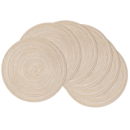 SHACOS Round Braided Placemats Set of 6 Washable Cotton Polyester 15 inch Round Placemats for Kitchen Dining Table Decor Round Table Mats (Beige, 6)