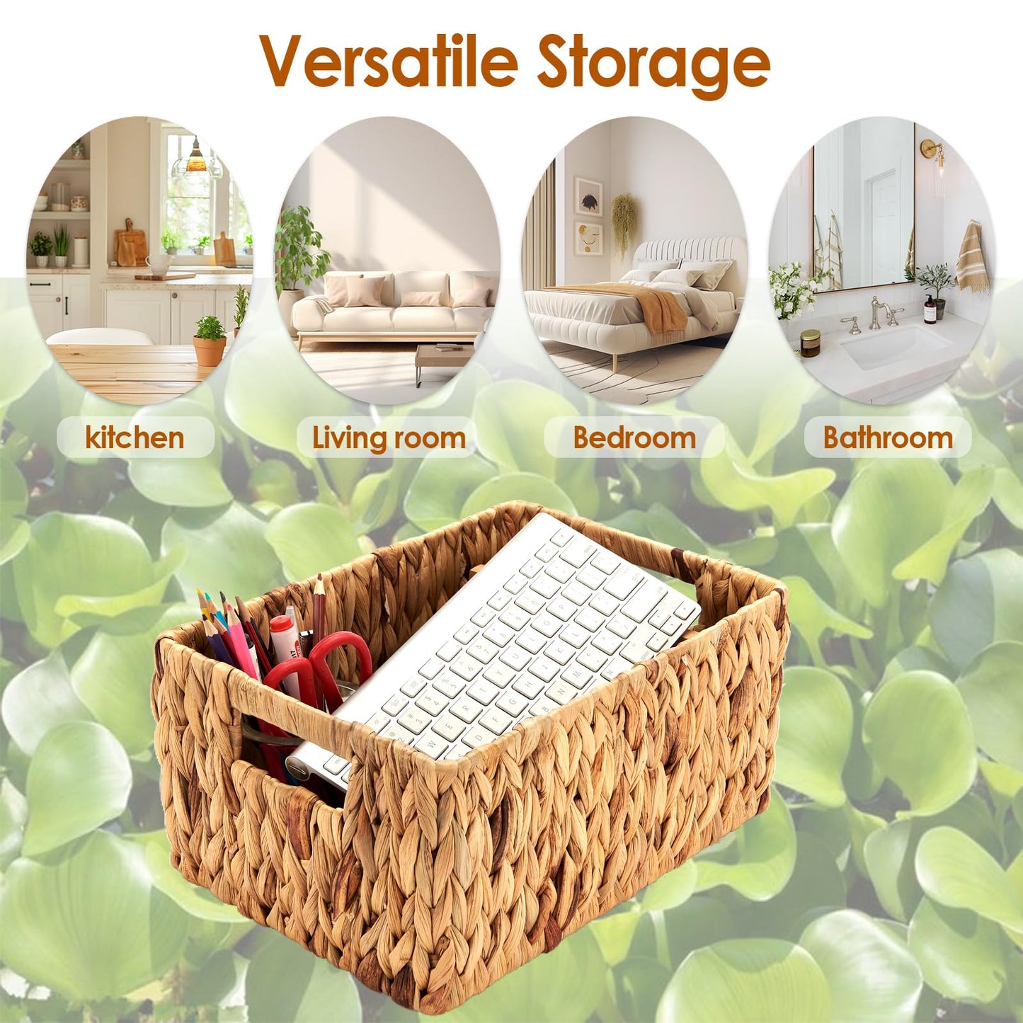 ROSOS Wicker Baskets 2 Pack, Water Hyacinth Wicker Storage Basket with Handles, Large Wicker Baskets for Storage, Wicker Baskets for Organizing, Large Rectangular Wicker Basket, Natural