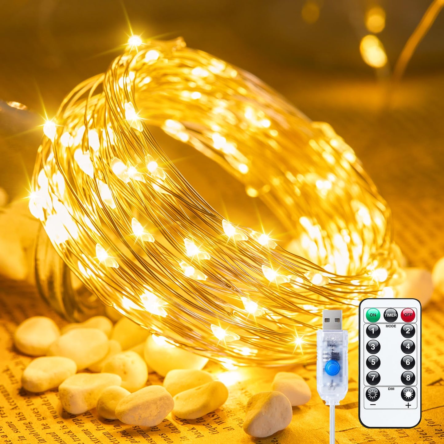 Minetom USB Fairy Lights Plug in, 33 ft 100 LED Twinkle String Lights with Remote and Timer, Waterproof 8 Modes Starry Lights for Indoor Wreath DIY Party Wedding Christmas Decoration, Warm White