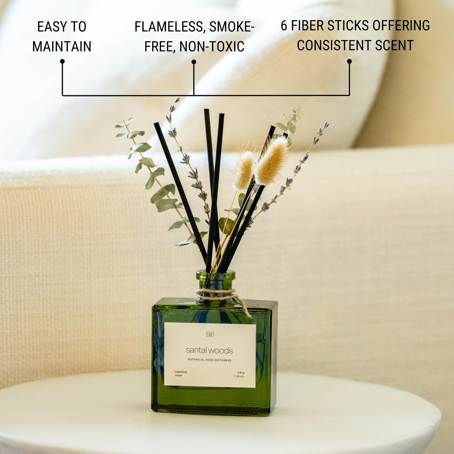 Craft & Kin Reed Diffuser Set with Dried Flowers, 5 oz Santal Woods Scented Reed Diffuser with Sticks, Scented Sticks Diffuser, Elegant Home Decor & Office Décor for Men & Women