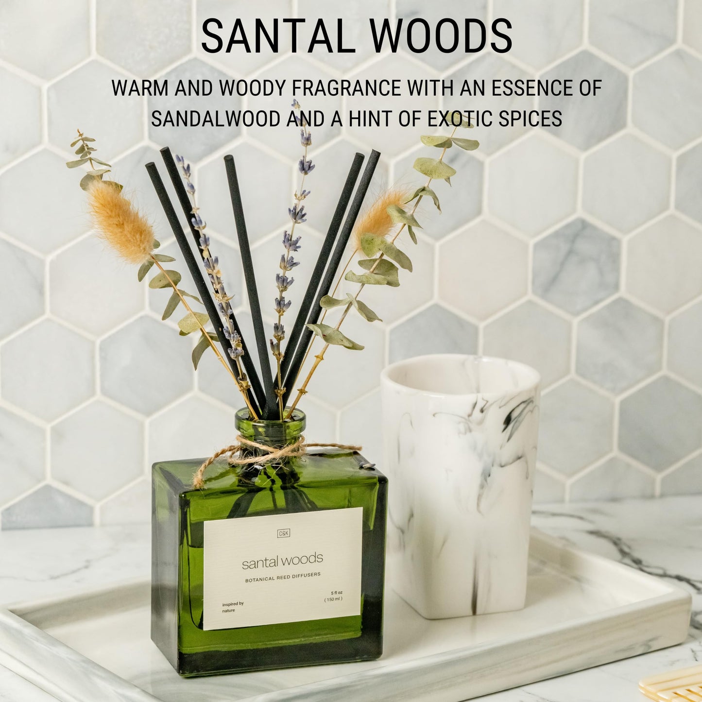 Craft & Kin Reed Diffuser Set with Dried Flowers, 5 oz Santal Woods Scented Reed Diffuser with Sticks, Scented Sticks Diffuser, Elegant Home Decor & Office Décor for Men & Women