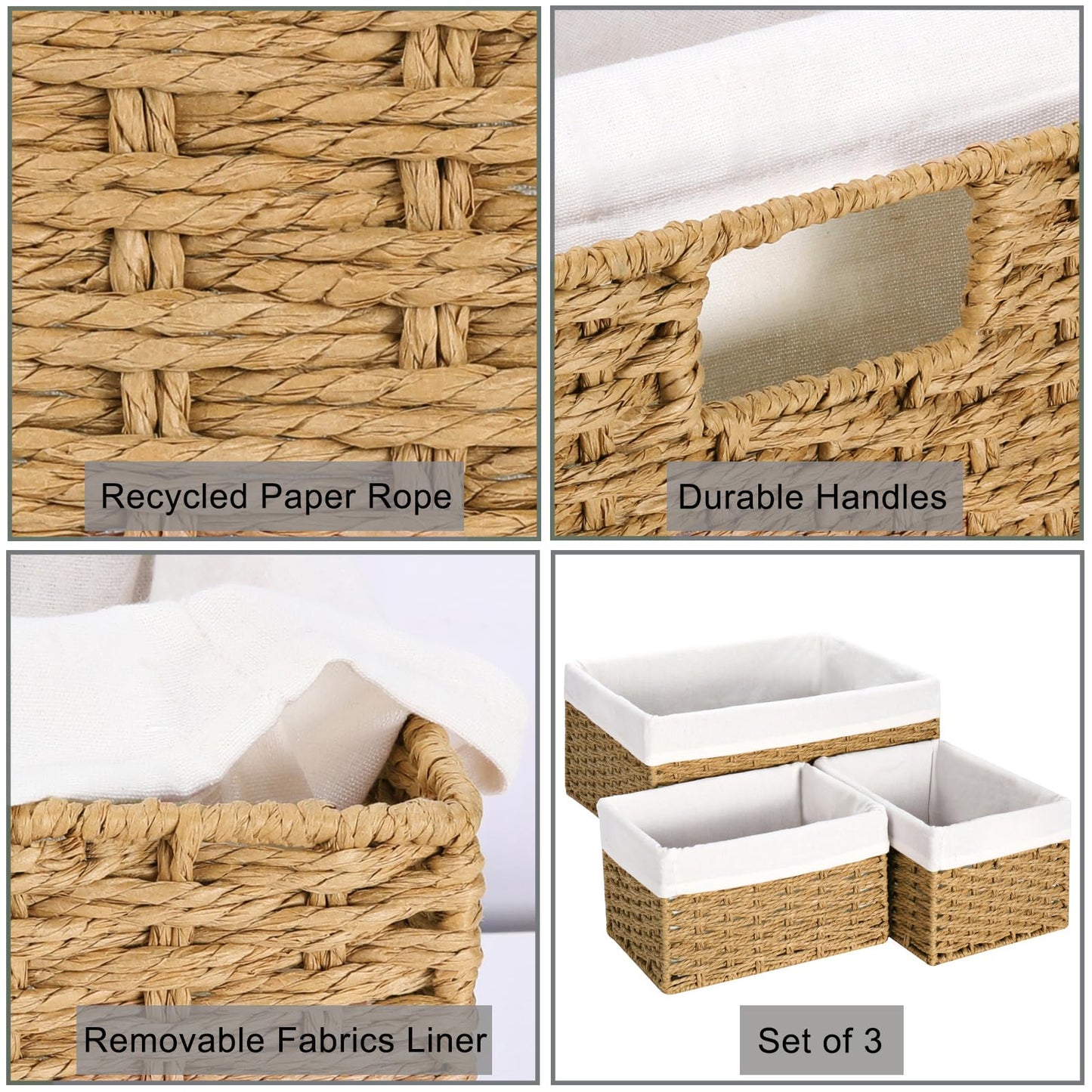 Vagusicc Wicker Storage Basket, 3-Pack Woven Paper Rope Wicker Baskets with Handles, Large Wicker Basket Cube Storage Bins with Liners, Storage Baskets for Organizing Shelves & Decor, Natural