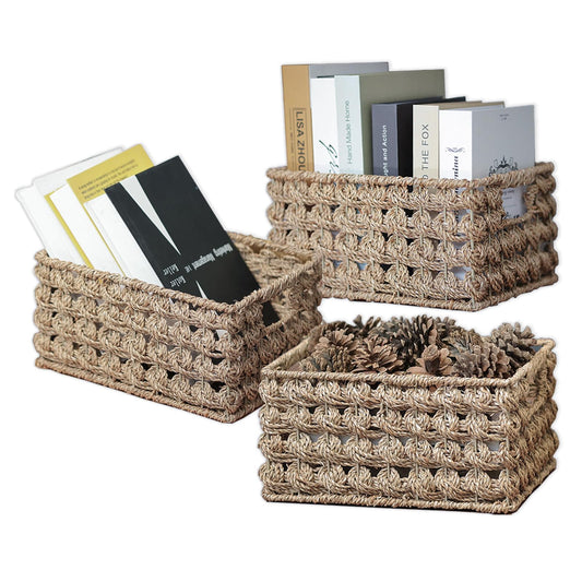 Ellinia Wicker Storage Baskets, Seagrass Baskets for Counter Organizing, Handwoven Rectangular Baskets for Shelves, 11 x 7.5 x 6 Inch, 3-Pack, Natural Seagrass Color