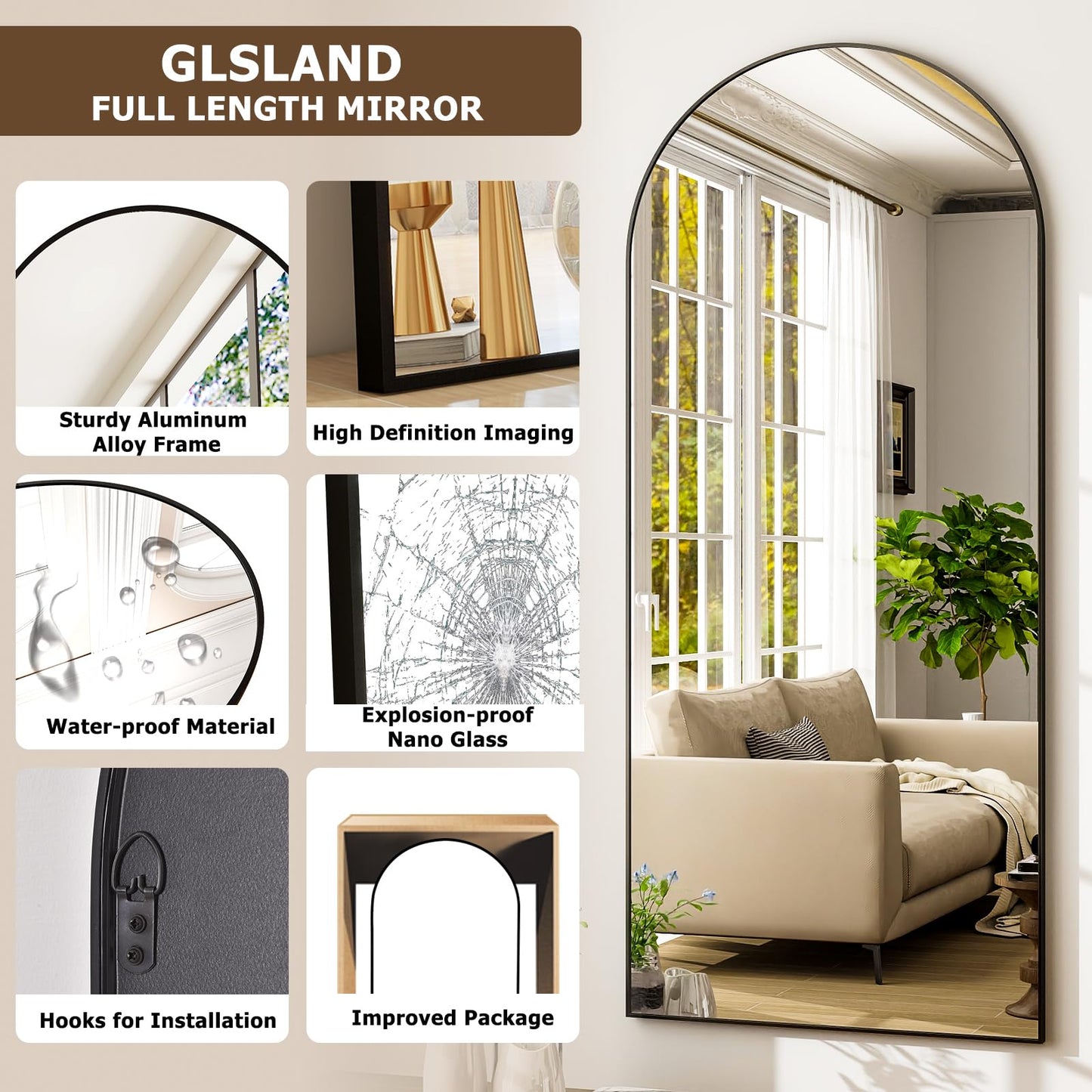 GLSLAND-34x76 inch Wall Mount Arched Full Length Mirror-Aluminum Alloy Frame High Definition-Full Body Mirror for Bedroom or Living Room,Black