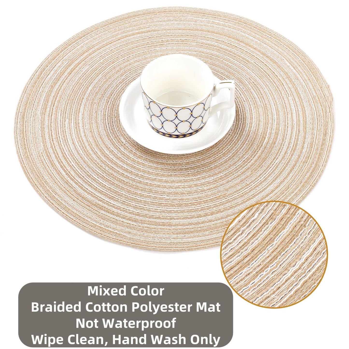 SHACOS Round Braided Placemats Set of 6 Washable Cotton Polyester 15 inch Round Placemats for Kitchen Dining Table Decor Round Table Mats (Beige, 6)