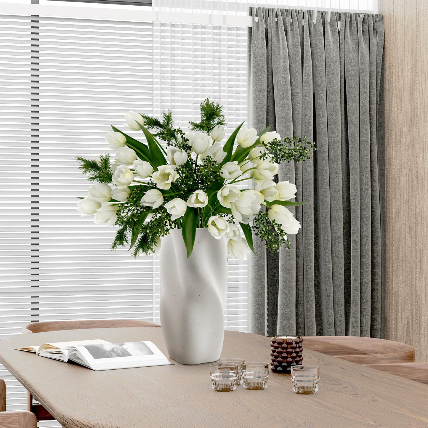 White Ceramic Vase, Large Flower Vase for Modern Home Décor,Unique Decorative Farmerhouse Vase for Dining Room Living Room Table Shelf with Pampas Grass