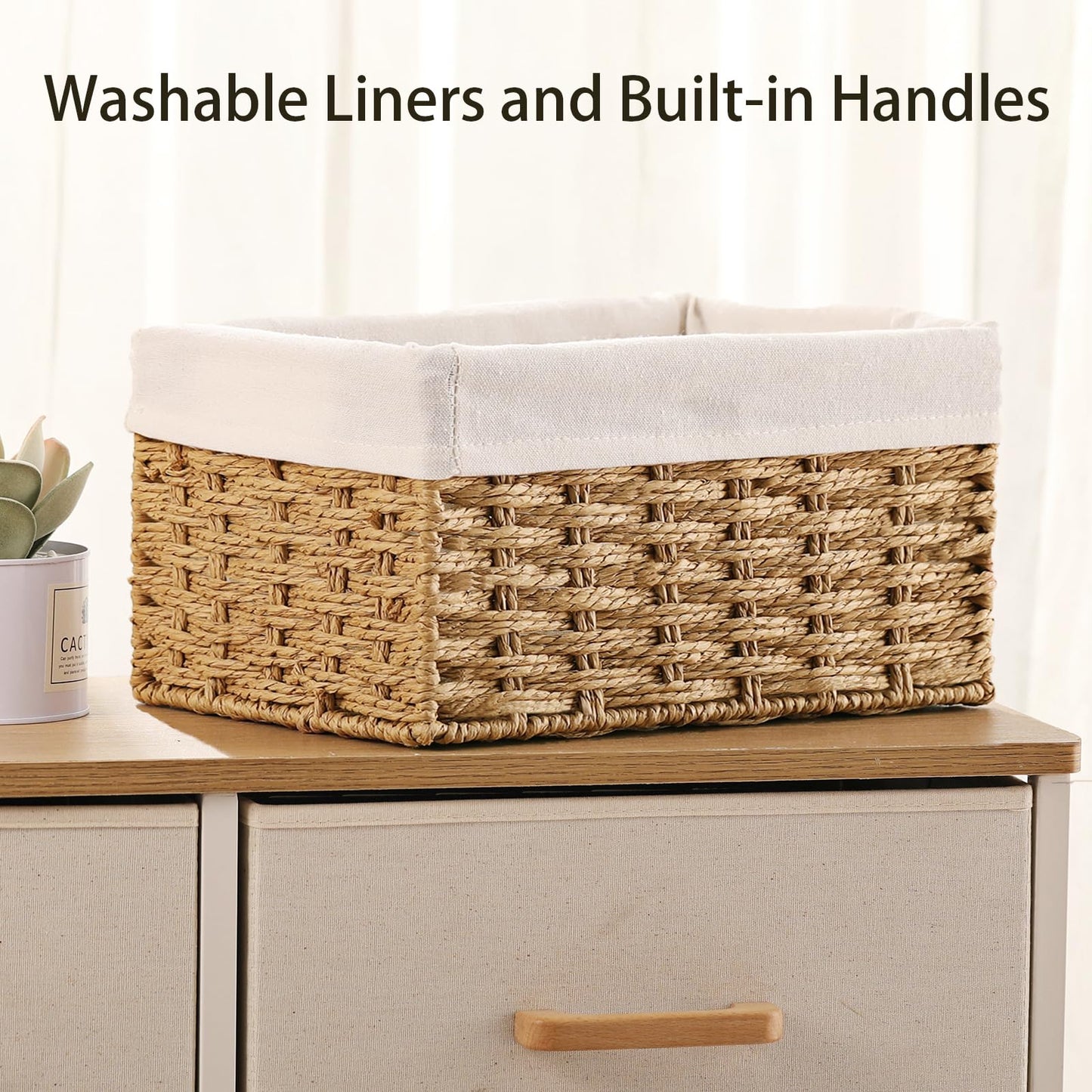 Vagusicc Wicker Storage Basket, 3-Pack Woven Paper Rope Wicker Baskets with Handles, Large Wicker Basket Cube Storage Bins with Liners, Storage Baskets for Organizing Shelves & Decor, Natural