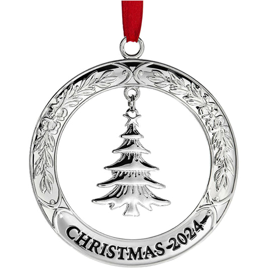 Klikel Christmas Ornament 2024 - Shiny Silver Christmas Ornament 2024 Wreath with Tree - Dated 2024 Christmas Ornament - 2024 Ornament for Christmas Tree - Beautiful Tree Ornament for Holidays 2024