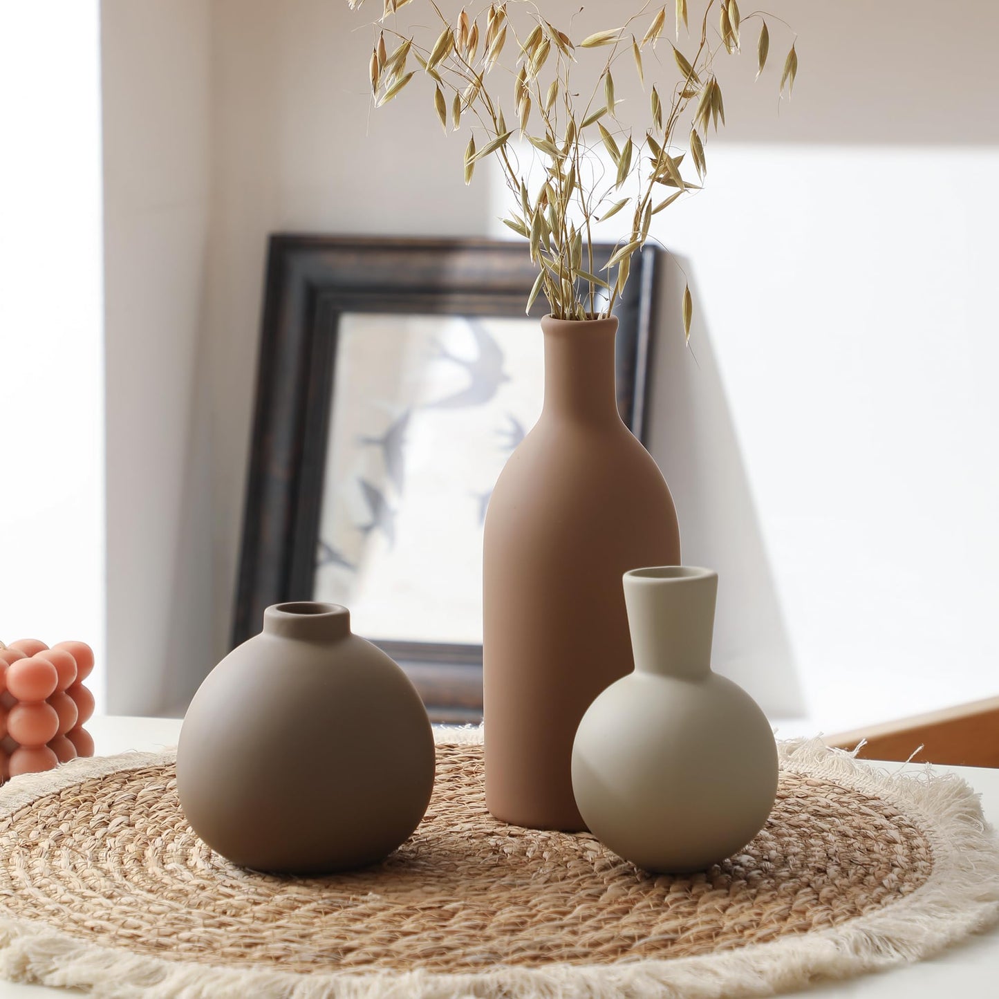 Ceramic Vase Set of 3, Vases Home Decor Rustic Vase Farmhouse Decor Vase Terra Cotta Pottery Vases for Bouquet Pampas Grass Dried Fresh Flowers, Living Room, Kitchen, Bedroom, Bathroom - Brown