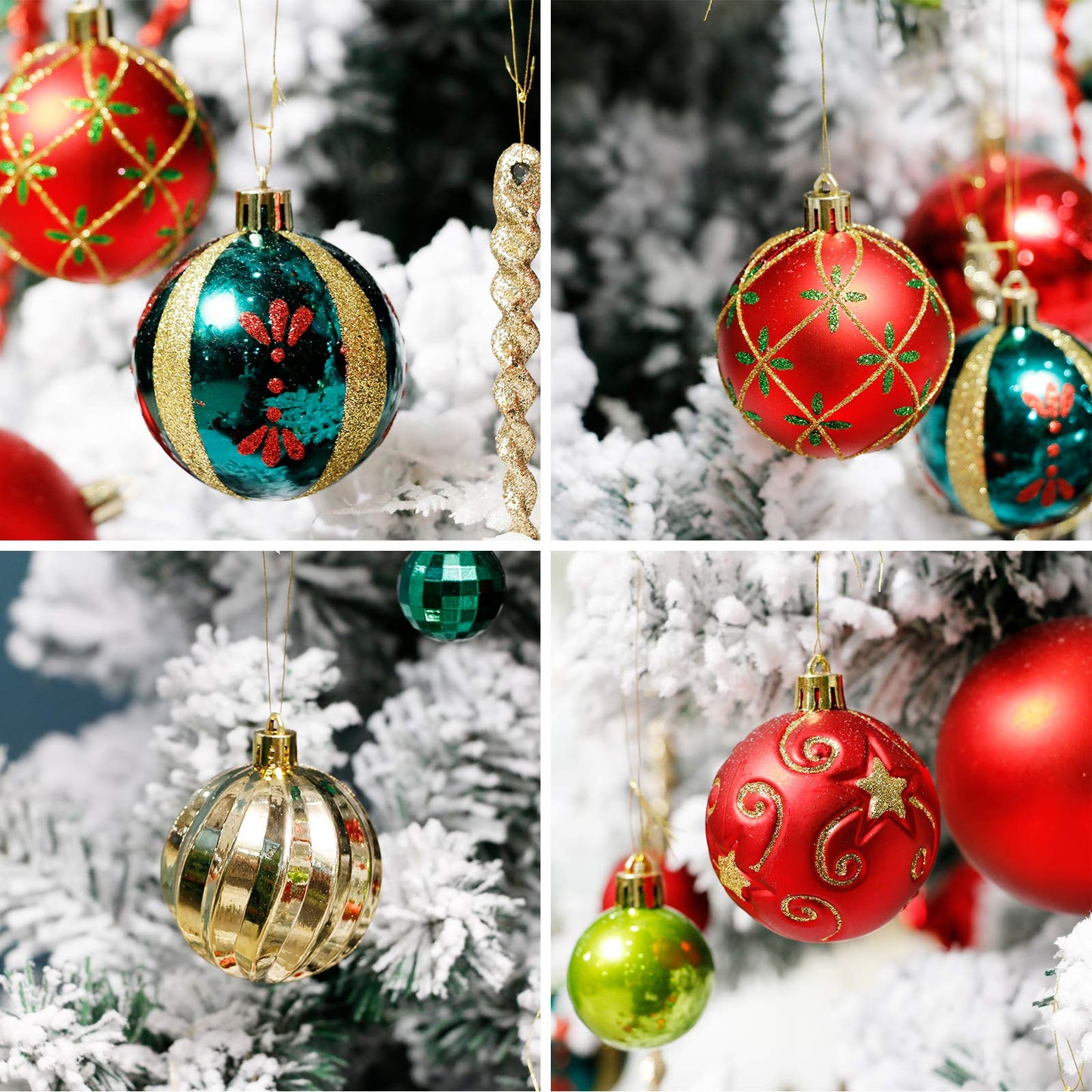 Christmas Tree Ornaments, 30ct Christmas Ball Decoration Set 2.36" Red Green and Gold Christmas Ball Shatterproof Hanging Tree Ornament Set