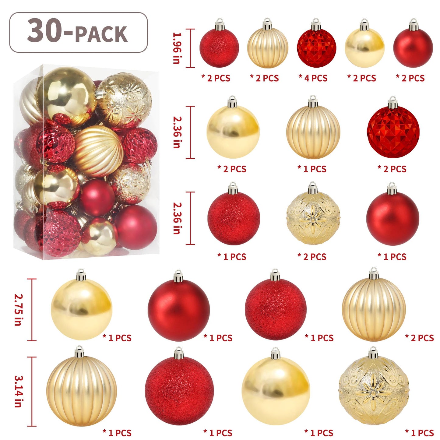 Annecy Christmas Tree Ornaments - 30 PCS Shatterproof Plastic Christmas Ball Ornaments Set for Xmas Tree, Holiday, Wreath & Party Decorations (Multi-Size, Red, Gold)