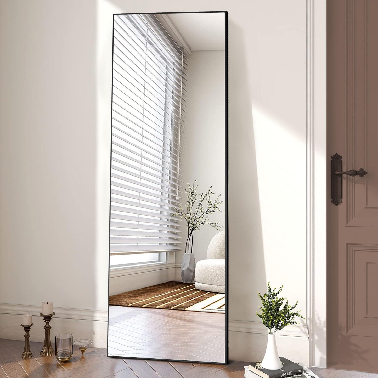 OLIXIS Full Length Mirror with Stand, Full Length Mirror for Bedroom, Cloakroom, Living Room, Aluminum Alloy Thin Frame, 64"x21" Large, Floor Standing Tall, Black