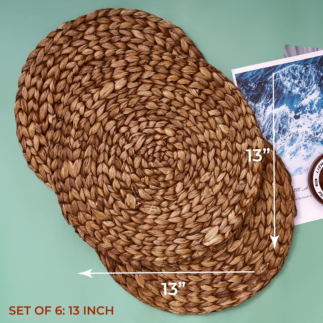 (4 Sizes: 12"-13"-14"-15") BARIEN Brown Woven Placemats Round Set of 6, Natural Water Hyacinth Weave Placemat for Dining Table, Large Handmade Woven Placemats Heat Resistant Non-Slip (13" - Set of 6)