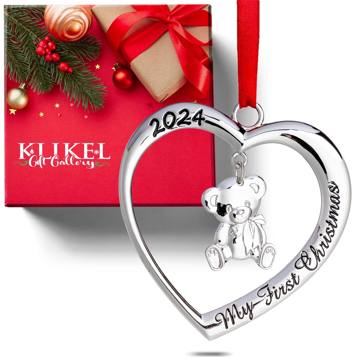 Klikel Baby's First Christmas Ornament 2024 - My First Christmas Ornament 2024 Heart with Hanging Teddy Bear - Baby First Christmas Ornament 2024-1st Christmas Baby Ornament 2024 - Baby Boy Girl