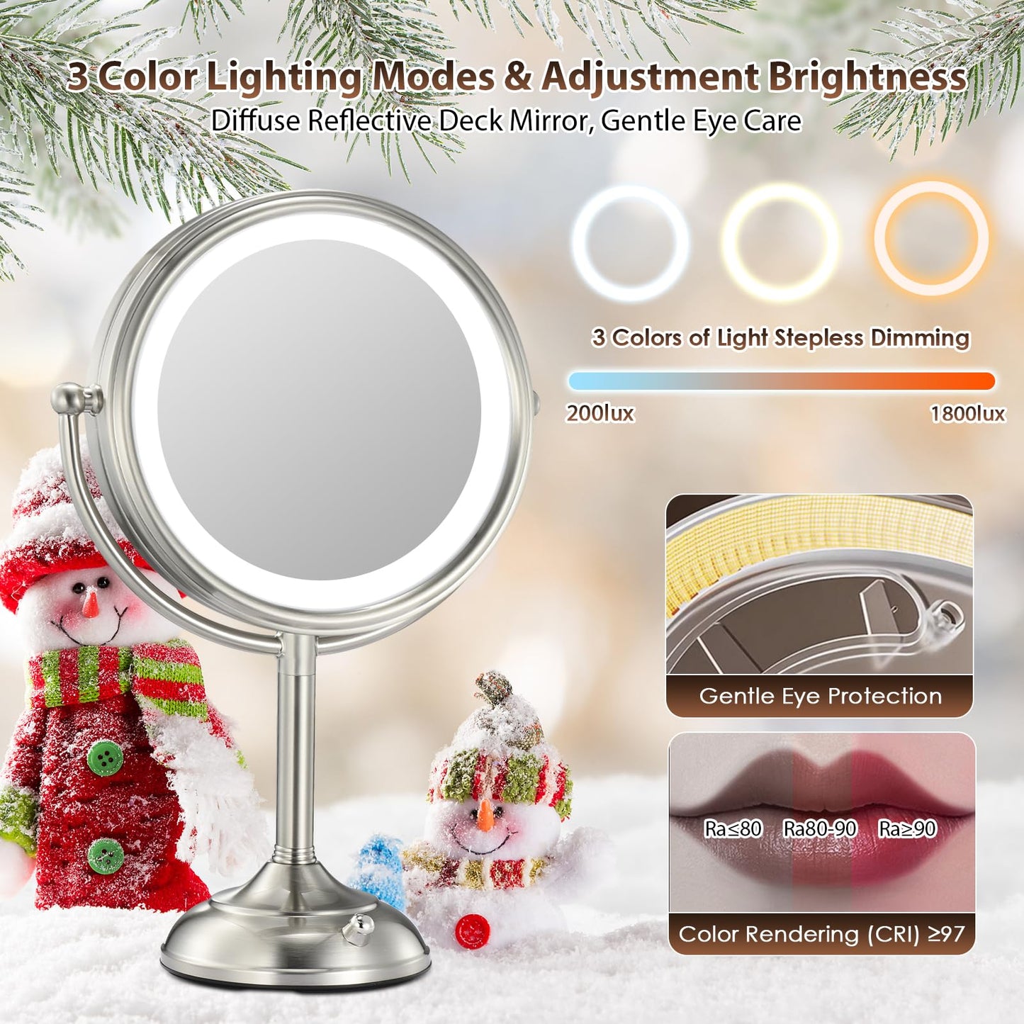 Professional 8.5" Large Lighted Makeup Mirror with Brighter Lights, 1X/10X True HD Magnifying Mirror with 3 Color Dimmable Lights, 80 Shadowless LEDs, 360°Swivel Seamless Vanity Mirror, Pearl Nickel