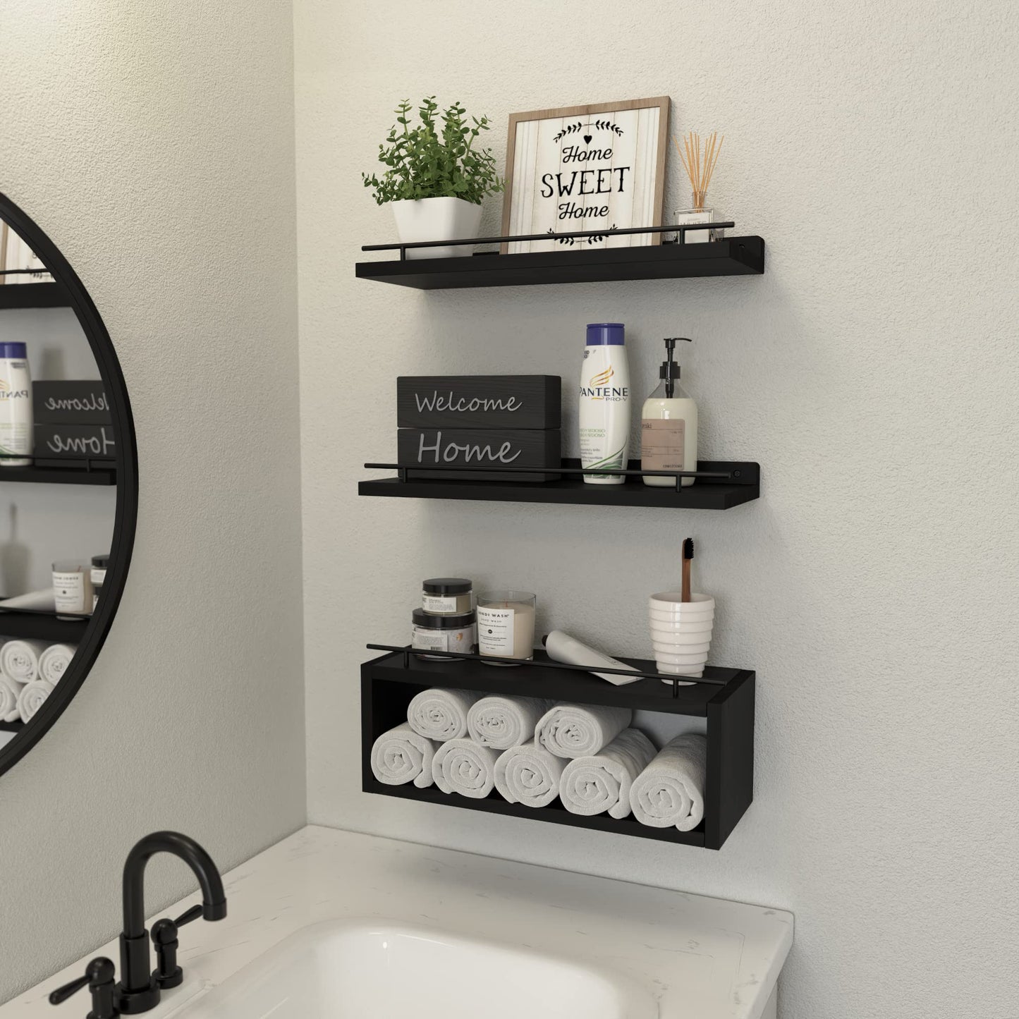 WOPITUES Floating Shelves for Wall with Cube Shelf, Wall Shelves with Metal Rail for Bathroom Decor, Bathroom Organizers and Storage, Over Toilet Bathroom Shelves for Bathroom, Toilet Paper-Black