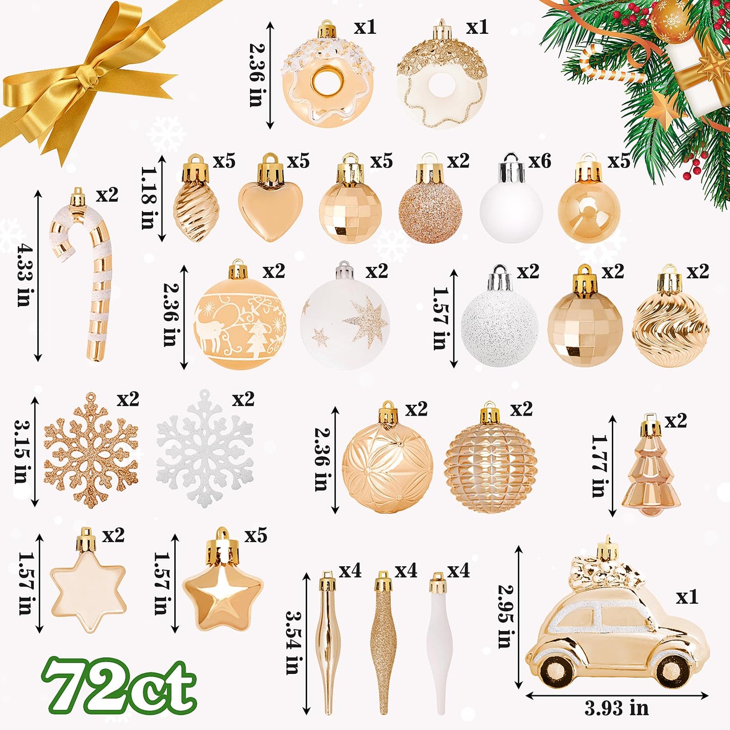 DeckTheHalls Christmas Ornaments 72 Count, Christmas Balls, Shatterproof Christmas Ornaments, Christmas Decorations for Tree, Gold Ornaments Christmas, Plastic Ornaments (Champagne)